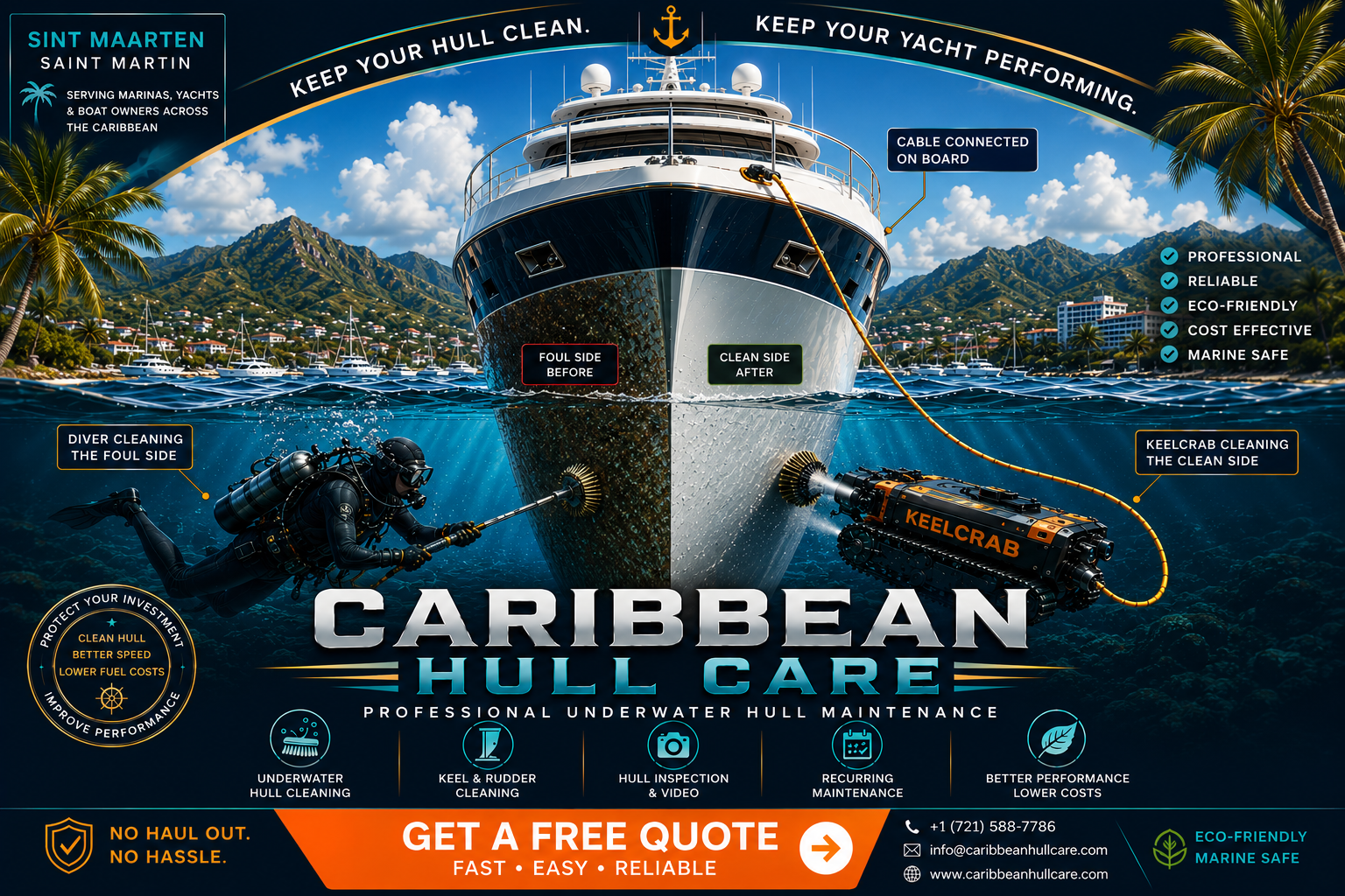 Yacht hull being cleaned underwater by a diver and KeelCrab